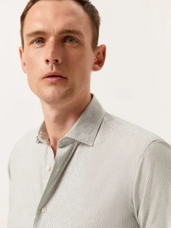 Hot Slim Fit Striped Cotton Linen Shirt with Open Collar Camisas Casuais