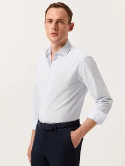 Online Slim Fit Striped Seersucker Shirt in Cotton Elastane with Open Collar Camisas Casuais