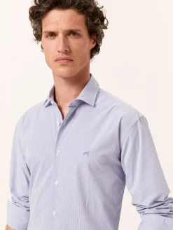 Sale Slim Fit Striped Seersucker Shirt in Cotton Elastane with Open Collar Camisas Casuais