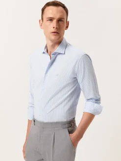 Sale Slim Fit Striped Seersucker Shirt in Cotton Elastane with Open Collar Camisas Casuais