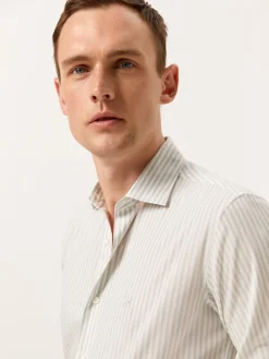 Clearance Slim Fit Striped Shirt in BCI Cotton with Open Collar Camisas Casuais