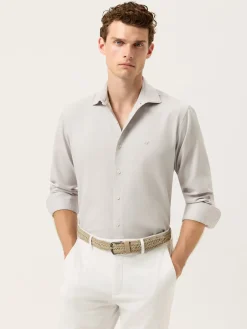 Discount Slim Fit Structured Cotton Shirt With Garment-Dyed Finish Camisas Casuais