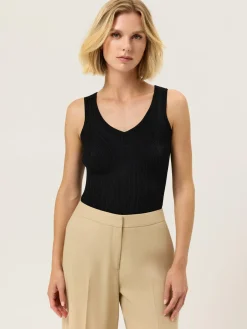 Outlet V-Neck Rib Top In Viscose blend With Pointelle Detail MULHER Tops